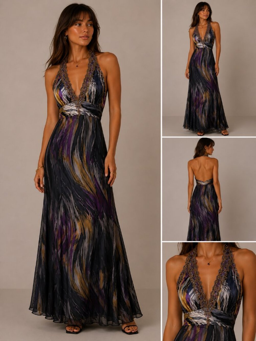 Vintage Aspeed Y2k Beaded Mesh Halter Maxi Dress Size Medium
